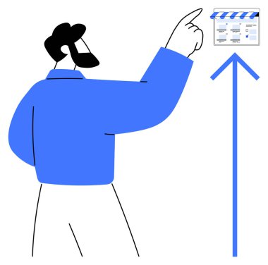 Dijital bir mağaza simgesine doğru bakan kişi. E-ticaret, çevrimiçi alışveriş, iş genişletme, dijital pazarlama, büyüme potansiyeli, yenilik, stratejik planlama için ideal. Mavi ve beyaz