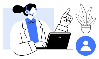 Kulaklık kullanan, dizüstü bilgisayarla uğraşan, yukarıya bakan, yanında saksı bitkisi ve kullanıcı profili ikonu olan bir kadın. Müşteri desteği, sanal yardım, iş iletişimi, çevrimiçi için ideal