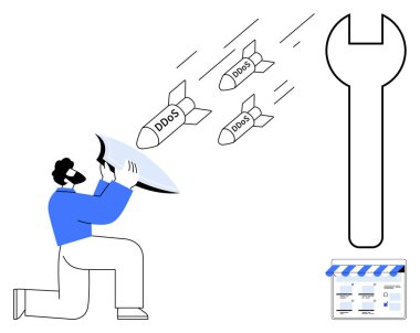 Kalkan tutan adam yaklaşan DDoS füzelerini, dev bir anahtar ve bir web sitesi adres çubuğunu saptırıyor. Siber güvenlik, bilişim koruması, çevrimiçi güvenlik, tehdit yönetimi, teknik destek, dijital