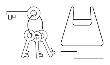 Yüzüğün üzerindeki anahtarlar, basit çizgilerle çizilmiş bir alışveriş çantasıyla eşleştirilmiş. Güvenlik, ulaşılabilirlik, günlük yaşam, alışveriş, organizasyon, minimalizm, basitlik konuları için idealdir. Modern temiz tasarım
