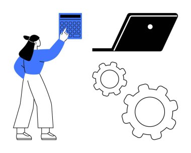 Hesap makinesi, dizüstü bilgisayar kullanan kadın, hesaplamayı, teknolojiyi ve mekanik hassasiyeti sembolize eden dişliler. İş çözümleri, mühendislik, dijital araçlar, üretkenlik finans çalışma ortamı için ideal