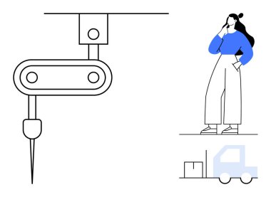 Robot kol, düşünceli şahıs ve kargoyla dolu bir kamyon. Otomasyon, teknoloji, verimlilik, modern endüstri, yenilikçi lojistik ve gelecek kavramlar için idealdir. Soyut çizgi düz metafor