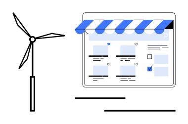 Çevrimiçi bir alışveriş merkezi arayüzünün yanındaki rüzgar türbini yenilenebilir enerjiyi e-ticaretle birleştiriyor. Sürdürülebilirlik, yeşil alışveriş, temiz enerji, e-ticaret, çevrimiçi mağazalar için ideal