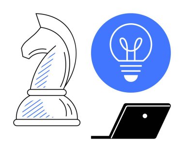 Satranç şövalyesi, mavi daireli ampul ve dizüstü bilgisayar. Strateji, yenilik, yaratıcılık, teknoloji, problem çözen iş planlama liderliği için ideal. Soyut çizgi düz metafor