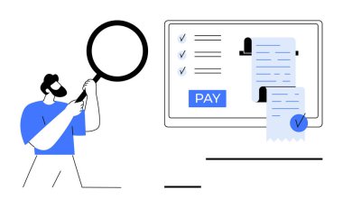 Büyüteci olan adam ekrandaki dijital faturayı ödeme tuşu, kontrol listesi ve makbuzla inceliyor. Finansal yönetim için ideal, çevrimiçi ödemeler, denetim, muhasebe, e-ticaret, fatura