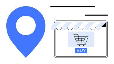 Alışveriş arabası simgesi, mavi bir lokasyon iğnesinin yanındaki vitrin ekranında satın alma düğmesi var. E-ticaret için ideal, çevrimiçi dükkanlar, dijital işlemler, alışveriş uygulamaları, perakende pazarlama, geotargeting, kullanıcı
