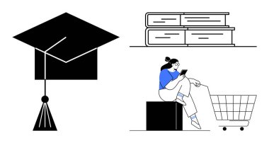 Mezuniyet şapkası, kitap yığını ve alışveriş arabasının yanında tablet kullanan bir öğrenci. Eğitim için ideal, çevrimiçi öğrenim, bilgi edinme, teknoloji, ticaret, öğrenci hayatı kaynakları