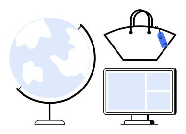 Kürsüde bir dünya, fiyat etiketli bir alışveriş çantası ve bölümlü bilgisayar ekranı. Çevrimiçi perakende satış, küreselleşme, dijital ekonomi, e-ticaret, İnternet alışverişi, teknoloji eğilimleri için ideal