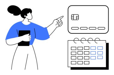 Bir kadın elinde tablet tutarken kredi kartını işaret ediyor. Takvimi görünür durumda. Mali yönetim, programlama, kişisel finansman, bütçe izleme, ödeme takibi, zaman yönetimi için ideal