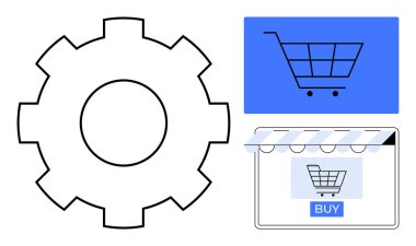 Bir alışveriş arabasını, satın alma düğmesini ve çevrimiçi mağaza arayüzünü bağlayan vites kutusu sembolü. E-ticaret, çevrimiçi alışveriş, teknoloji entegrasyonu, dijital pazarlama, tüketici etkileşimleri, yazılım için ideal