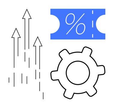 Yükselen oklar, dişliler ve yüzde sembollü mavi indirim kuponu. Ticari büyüme, pazarlama stratejileri, satış tanıtımı, operasyonel verimlilik, mali başarı ve süreç için ideal