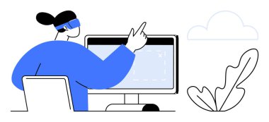 VR kulaklık kullanan bir kişi bilgisayar ekranı ile etkileşime girer. VR, teknoloji, gelecekteki çalışma alanları, yenilik, dijital öğrenme, uzaktan çalışma, yaratıcılık için ideal. Modern minimalist sanat tasarımı