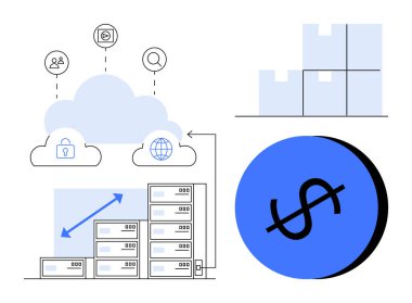 Bulut altyapı simgeleri kullanıcı, asma kilit, arama sembolleri yukarı ok, depo kutuları, dolar işareti olan sunucular. Bulut hesaplama, veri yönetimi, sunucu ölçeklendirme güvenliği için ideal