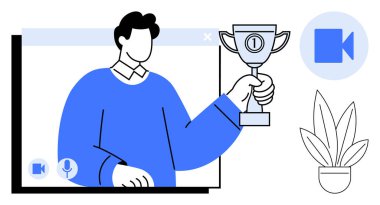 Video görüşmesi sırasında elinde bir kupa tutan kişi, çevrimiçi başarı veya ödül törenini işaret ediyor. Web kamerası ve mikrofon simgeleri uzaktan iletişimi simgeler. Kavramları için ideal başarı başparmak