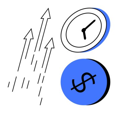 Siyah oklar yukarı doğru siyah bir saat ve bir dolar işaretli mavi bir daire. İş, ilerleme, finans, üretkenlik, zaman yönetimi, ekonomik büyüme ve yatırım için ideal. Soyut çizgi