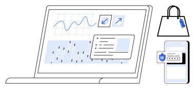 Bilgisayarda güvenlik kilidi simgesi ve alışveriş çantası olan bir akıllı telefonun yanında çizelgeler, grafikler ve analizler var. İş analizi için ideal, çevrimiçi güvenlik, e-ticaret, mobil uygulamalar, veri