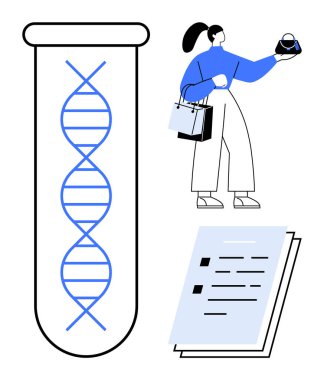 Alışveriş poşetleri ve kahve fincanı tutan kadın, test tüpünde DNA ipliği, belgeler. Bilim, araştırma, alışveriş alışkanlıkları, modern yaşam tarzı, genetik, iş-yaşam dengesi tüketici davranışı için ideal