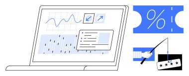 Bilgisayarda finansal grafikler, çizelgeler ve grafikler, yanında indirim kuponu yüzdesi sembolü ve bir ödül kartı bulunuyor. İş analizleri, e-ticaret, indirimler, tasarruflar için ideal