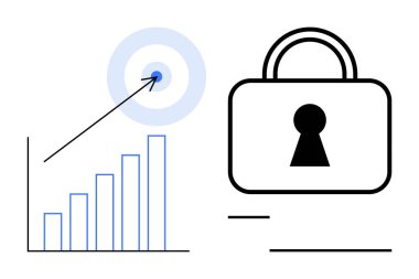 Yükselen parmaklıklar ve okun güvenlik kilidi sembolünün yanında hedefi gösterdiği çubuk çizelgesi. Ticari büyüme, veri güvenliği, mali hedefler, siber güvenlik, strateji planlaması, başarı ölçümleri için ideal