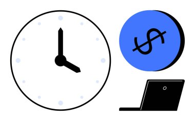 Clock face, dollar sign in blue circle, laptop. Concept of managing work hours, financial planning, efficiency, business productivity, time value of money and remote work. Ideal for business clipart