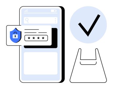 Güvenli şifre girişi olan cep telefonu, kilit simgesi, alışveriş çantası ve işaretli kalkan. Siber güvenlik, e-ticaret, çevrimiçi güvenlik, gizlilik, kimlik doğrulama alışveriş güvenliği dijital