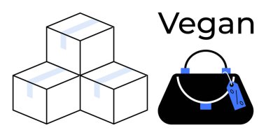 Etiketli bir el çantasının yanına konmuş kutular, vegan deri ve çevre bilinci olan nakliye uygulamalarını sembolize ediyor. Perakende, lojistik, sürdürülebilirlik, moda ve e-ticaret için ideal