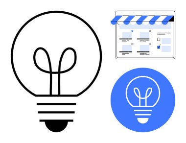 Fikirleri temsil eden ampul, çevrimiçi mağazayı gösteren tenteli web tarayıcı penceresi. Yenilik, iş büyümesi, çevrimiçi ticaret, yaratıcı çözümler, pazarlama, başlangıç kavramları, dijital