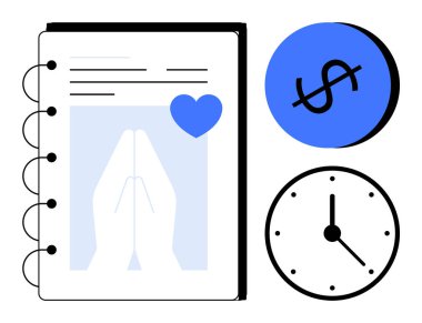 Sayfalar, kalp sembolü, dikdörtgen şeklinde dua eden eller, dolar işaretli mavi daire, saat. Finansal planlama, zaman yönetimi, hayır kurumu, şefkat bütçe maneviyatı için ideal