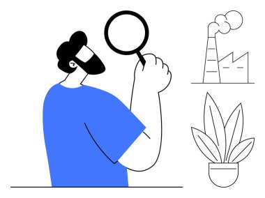 Elinde büyüteç tutan adam endüstriyel fabrikayı ve saksı bitkisini inceliyor. Ekoloji, sürdürülebilirlik, çevre bilinci, endüstri doğaya karşı, kirlilik kontrolü, çevre dostu yaşam tarzı için ideal