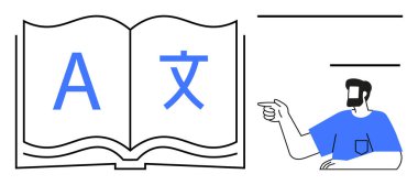Farklı dillerin büyük harfli sembolleri ve mavi gömlekli bir adamın işaret ettiği açık bir kitap. Eğitim, çeviri, öğrenme, dil eğitimi için ideal, iki dil materyali, çok kültürlü
