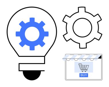 Mavi dişli ampul, ayrı teçhizat ve alışveriş arabası ikonuyla çevrimiçi mağaza önü. Yenilik, e-ticaret, teknoloji, iş geliştirme, yaratıcı düşünce, dijital dönüşüm için ideal