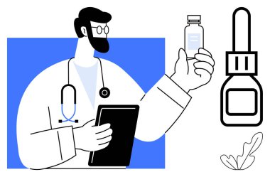 Stetoskop takan sakallı ve gözlüklü bir doktor bir elinde şişe, diğerinde tablet tutuyor. Yakınlarda bir şişe ve küçük bitki çizgisi var. İdeal