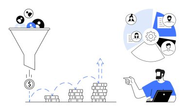 Huni filtreleme gelirleri, yukarı doğru birikmiş paralar, çizelgeli analitik gösterge paneli, işadamları işaret ediyor. Pazarlama stratejileri, satış optimizasyonu, müşteri seyahati ve gelir için ideal