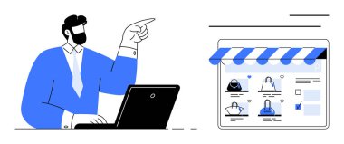 Önünde dizüstü bilgisayarla ekranda gösterilen çevrimiçi bir mağazayı işaret eden bir iş adamı. E-ticaret, çevrimiçi alışveriş, dijital pazarlama, web geliştirme, iş stratejisi, ürün için ideal