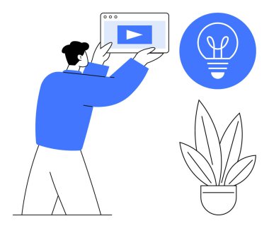 Elinde dijital video oynatıcı sembolü olan bir adam, mavi dairenin içinde ampul ve saksı bitkisi var. Yaratıcılık, teknoloji, yenilik, eğitim, dijital medya ve fikirler için ideal