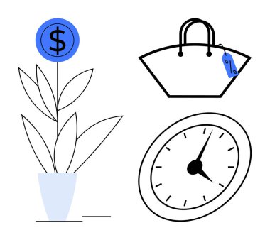 Dolar işaretiyle büyüyen bitki, yüzde indirimli etiketli el çantası ve eğimli saat. Finans, tasarruf, alışveriş, zaman yönetimi, yatırım büyüme perakendecisi için ideal. Soyut satır düzlüğü