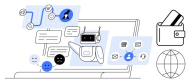 Yapay zeka sohbet robotu dizüstü bilgisayardaki kullanıcılarla, çeşitli iletişim simgeleriyle, kredi kartlı cüzdanıyla ve küreyle etkileşime geçiyor. E-ticaret, fintech, müşteri hizmetleri, teknik çözümler, kullanıcı deneyimi için ideal