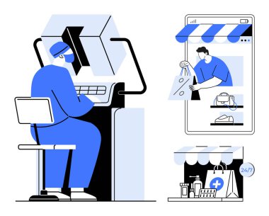 Bilgisayarda çalışan kişi, online alışveriş mağazası önü, telefon ekranından çıkan teslimatçı ve 247 mağaza önü. E-ticaret, uzaktan çalışma, dijital ekonomi, kolaylık ve dağıtım için ideal