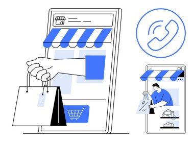 Alışveriş torbaları akıllı telefon ekranından çevrimiçi alışverişe kadar uzanıyor. Çanta tutan ve ikonu çağıran daha küçük ekranlı. E-ticaret, dağıtım, perakende, kolaylık için ideal