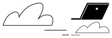 Bulutlarla yüzen dizüstü bilgisayar dijital dönüşümü, bulut hesaplamasını ve çevrimiçi veri yönetimini sembolize eder. Teknolojik yenilik, uzaktan çalışma, bağlantı, sanal depolama, verimlilik için ideal
