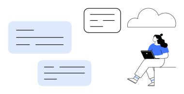 Laptoplu bir kadın, konuşma baloncukları ve bulut sembolü ile çevrili. Uzak çalışma, iletişim, teknik destek, çevrimiçi öğrenme, dijital işbirliği, bulut hesaplama, iş için ideal
