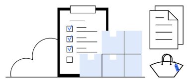 Panoda kontrol işaretleri, depolama kutuları, bulut, belgeler ve alışveriş çantası olan dijital kontrol listesi. Üretkenlik, organizasyon, dijital depolama, e-ticaret lojistik iş akışı yönetimi için ideal
