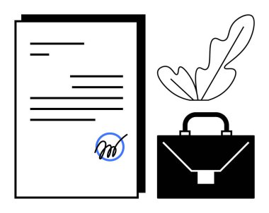 Bir evrak çantası ve bir yaprak metaforuyla birlikte mavi mürekkeple imzalanmış belge. İş anlaşmaları, sözleşmeler, yasal belgeler, profesyonel anlaşmalar, ofis işleri, resmi evraklar, iş
