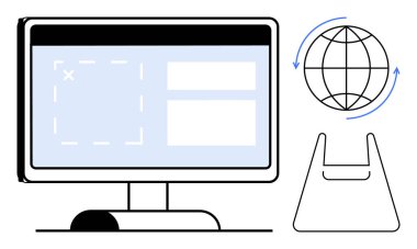 Web sitesi düzenine sahip bilgisayar monitörü, dönen oklarla dolu dünya, alışveriş çantası. Çevrimiçi alışveriş, e-ticaret, web tasarımı, dijital pazarlama, internet küreselleşme kullanıcı arayüzü için ideal. Soyut