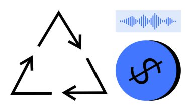 Üçgen oluşturan üç siyah ok, mavi bir dalga formu ve mavi dairenin içinde bir dolar işareti. Sürdürülebilirlik, finansal büyüme, iletişim, geri dönüşüm, ses analizi ve ekonomiler için ideal