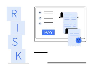 RİSK blokları mavi renkte dizilmiş fatura detaylarını ödeme tuşu ile gösteren bir ekranın yanında. Mavi kontrollü fatura ve kontrol işaretleri gösterildi. Çevrimiçi işlemler, mali güvenlik ve risk için ideal