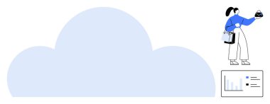 Kadın akıllı bir cihaz tutuyor ve veri tablosunun yanında duran çanta taşıyan bulut teknolojisi kullanıyor. Teknolojik yenilik, iş çözümleri, veri depolama, uzak çalışma, bağlantı, akıllı