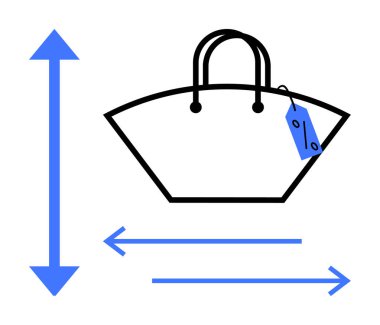 Fiyat etiketli alışveriş çantası, dikey ve yatay boyutları gösteren mavi oklar. E-ticaret, çevrimiçi alışveriş, perakende, fiyat karşılaştırması, ölçüm araçları, tüketici malları, minimalist