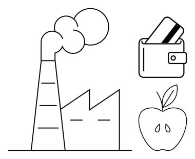 Duman yayan fabrika, içinde kredi kartı olan cüzdan ve yapraklı elma. Ekonomi, finans, sağlık, sürdürülebilirlik, sanayi çevresi ve tüketim için idealdir. Satır metaforu