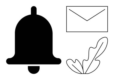 Siyah uyarı zili, özet posta zarfı ve yaprak çizimi iletişimi, uyarıları, mesajları, doğayı sembolize eder. İletişim için ideal, doğa, e-postaları uyarır basitlik modern